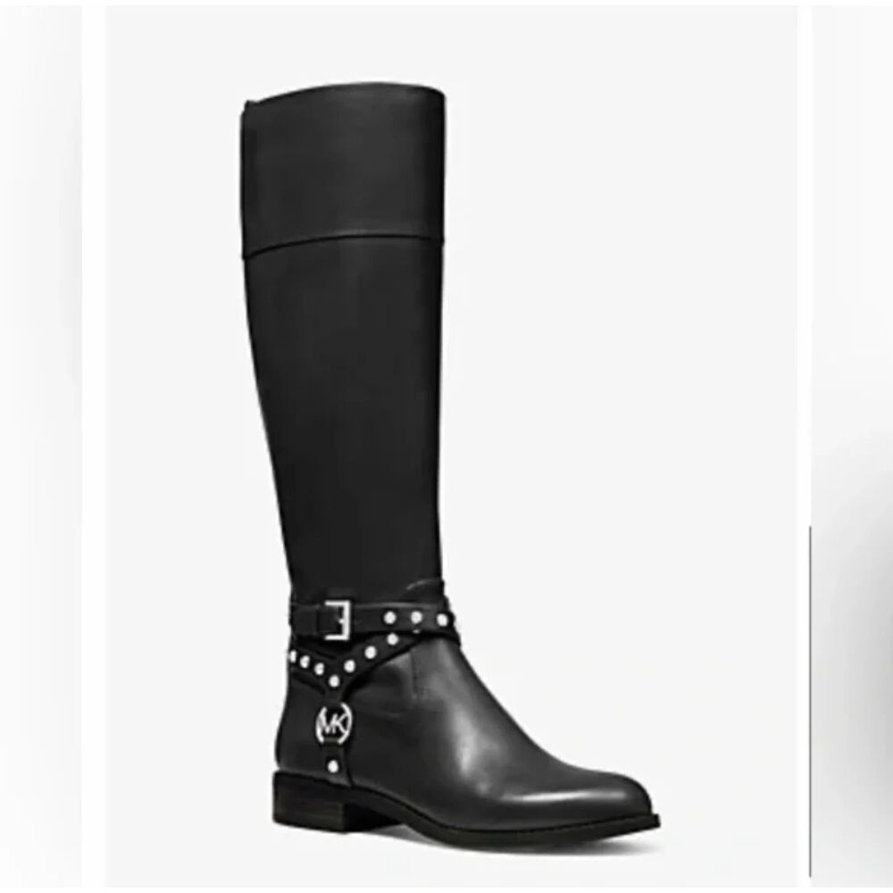 Michael Kors Preston Black Leather Studded Riding Boots Knee High Size 10